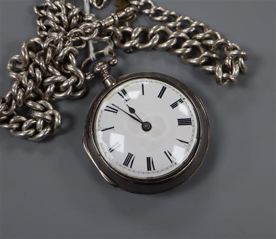A George III silver pair-cased pocket watch, John Bright, Long Acre and a silver curb-link watch chain